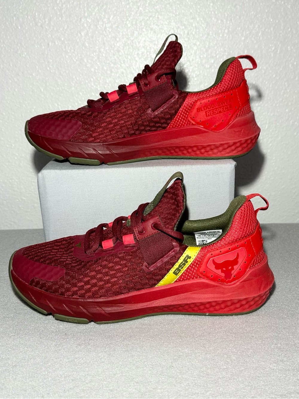 Red One x Under Armour Project Rock BSR 4 'Cardinal' training shoes.